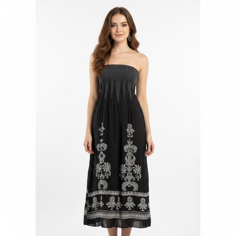 Lapis Anthropologie Strapless Boho Midi Dress Black Floral Resort OS Smocked